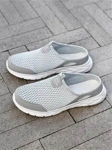 Plus Size Men's All-Black Mesh Mule Casual Shoes, Breathable Comfort Style, Hollowed Mesh + Mule Slip-On Design + Soft Non-Slip Sole, Breathable & Refreshing, Plus Size Friendly , Ideal for Plus Size Men's Daily Leisure & Light Outings