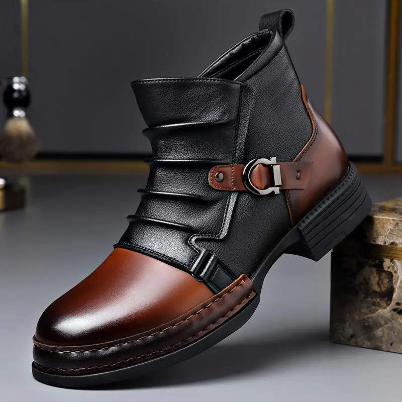 Men's New High-top Casual Leather Shoes Fashionable Versatile Boots Two-tone Personality Trendy Casual Shoes Four Seasons summervibes Brown