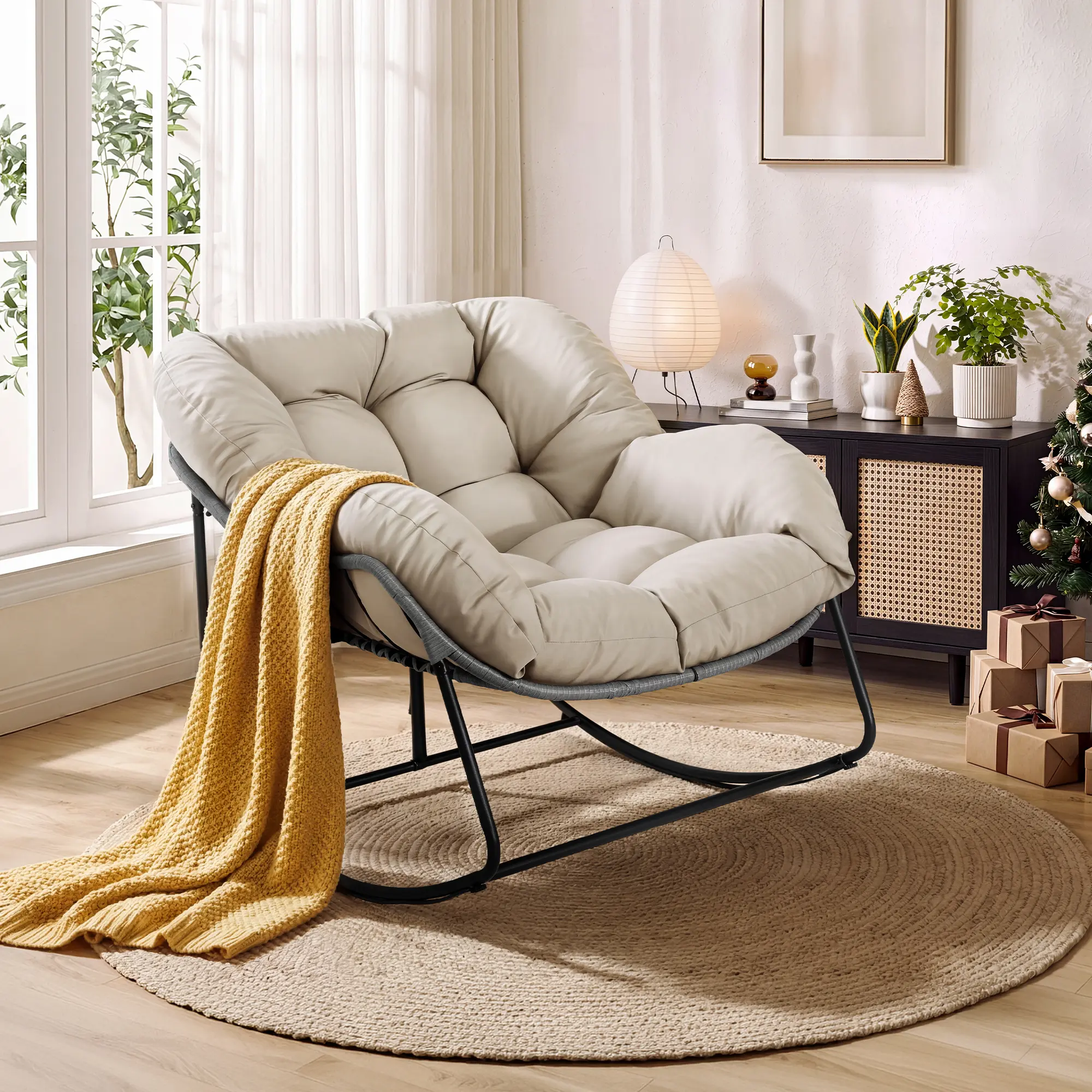 LHBCRAFT Outdoor Rocking Chair with Thick Cushion,Oversized Wicker Rattan Patio Lounge Chairs for Backyard, Balcony, Nursery, Bedroom, Living Room