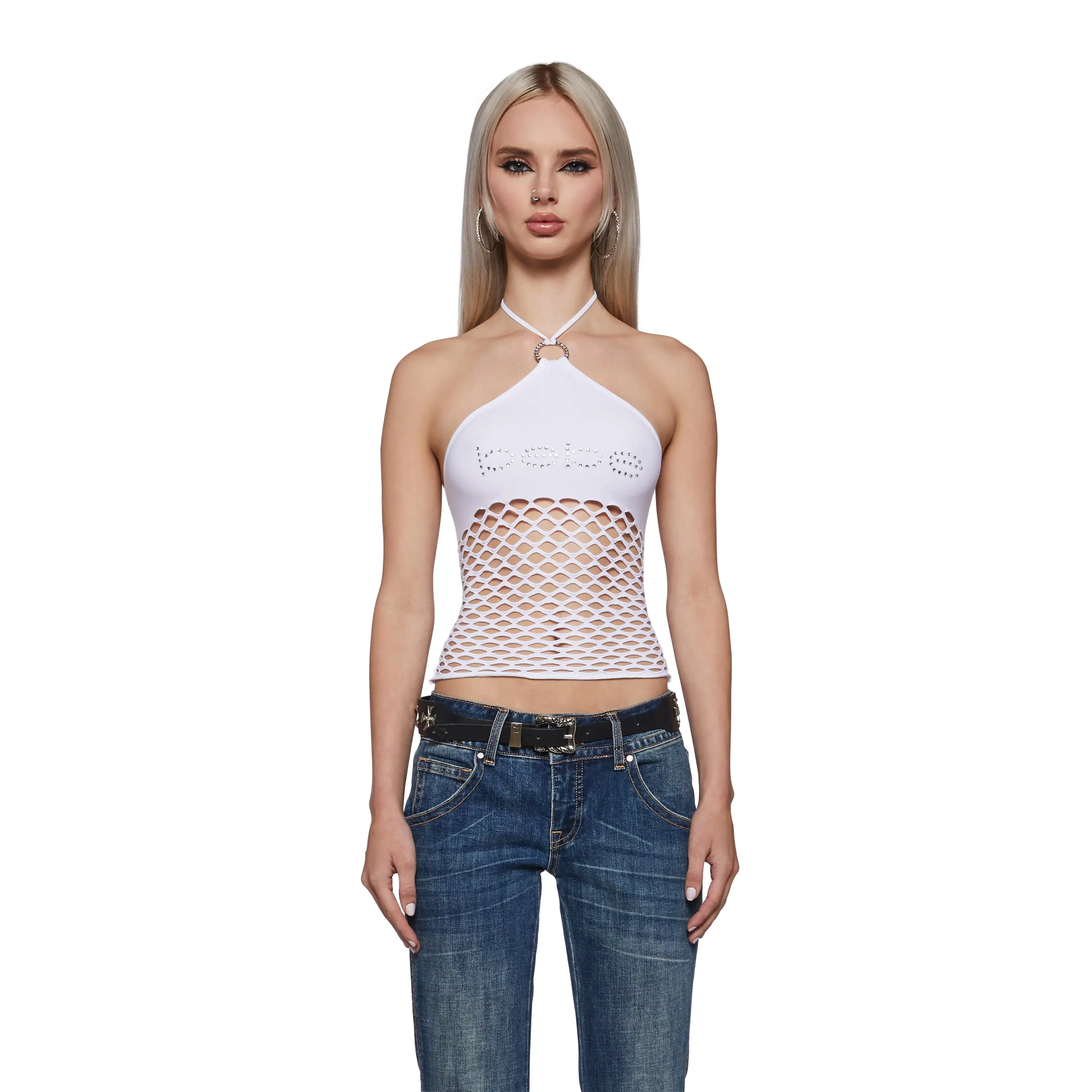 Fishnet Halter Top - White