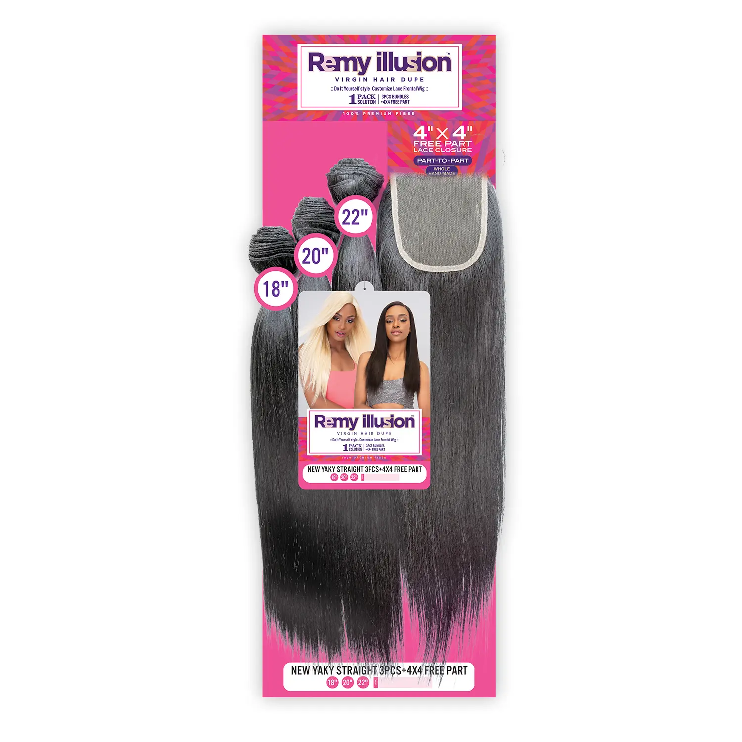 Janet Collection Yaki Hair Bundles, 3 Pcs Straight Synthetic Hairpieces with 4x4 Free Part Lace Closure, Remy Illusion, Shed-Free & Heat Resistant