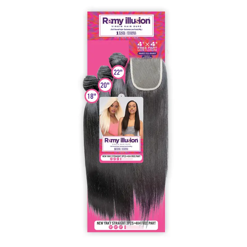 Janet Collection Yaki Hair Bundles, 3 Pcs Straight Synthetic Hairpieces with 4x4 Free Part Lace Closure, Remy Illusion, Shed-Free & Heat Resistant, Synthetic Hair Hairpieces, Hair Extension