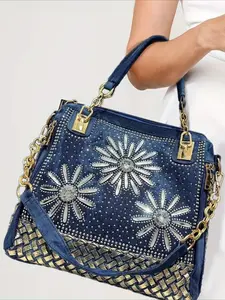 Ladies' diamond inlaid floral woven handbag, Fashionable unique bags, with large capacity gradient diamond decoration square shoulder crossbody bag, detachable shoulder strap - Y2K design, suitable for work, gatherings, Floral Embossed Handbag