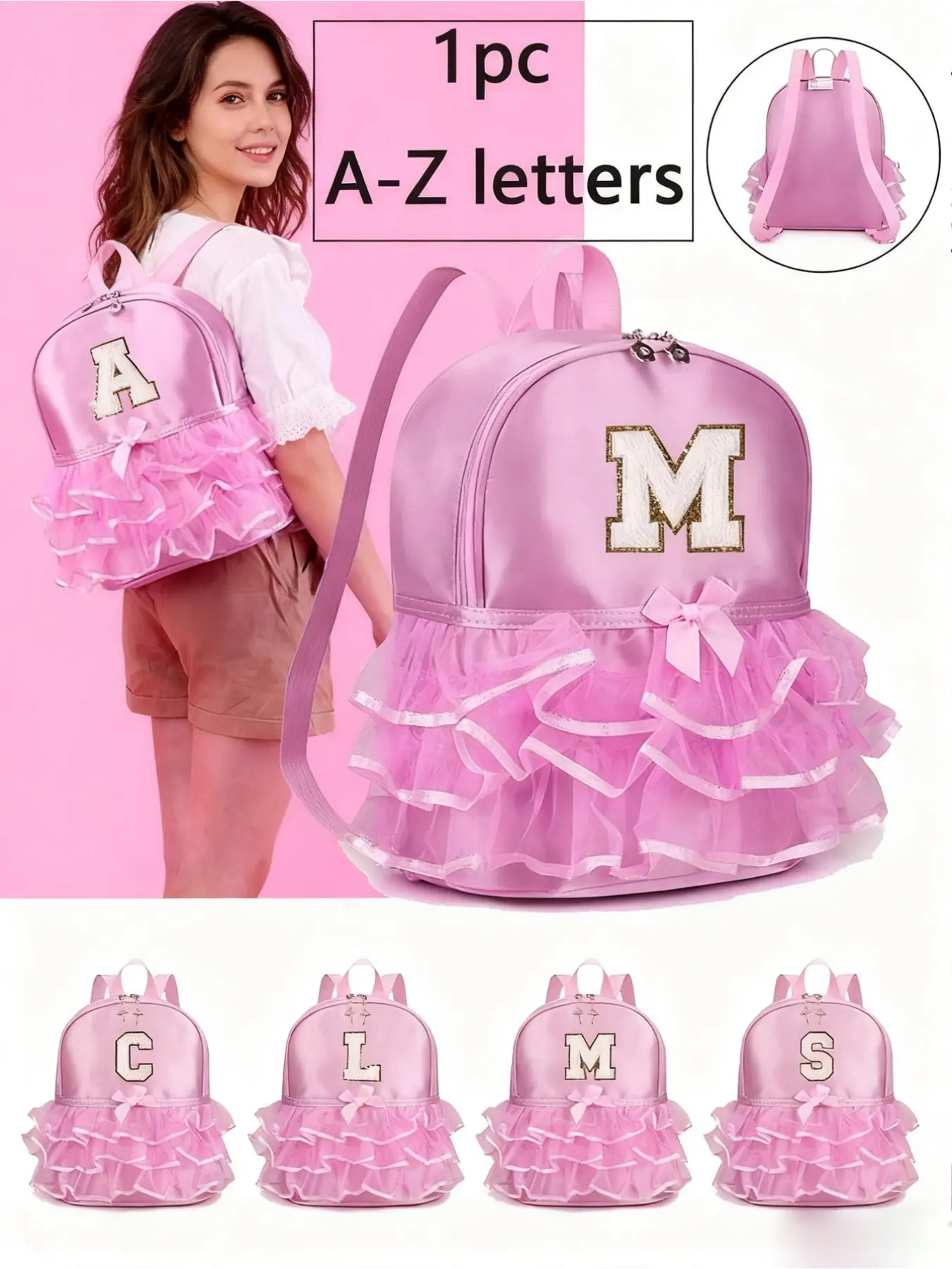 1 nylon zipper closure A-Z 26 letters fashion lace dance bag, ballet bag, practice double-shoulder Latin dance backpack, suitable for daily use (zipper random)