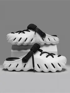 Men's Lace-Up Holey Shoes, Adjustable Back Two-Way Slippers, Anti-Slip Wave Thick Sole, Breathable Summer Sandals, Casual Outdoor Wear, Walking Shoes, Footwear