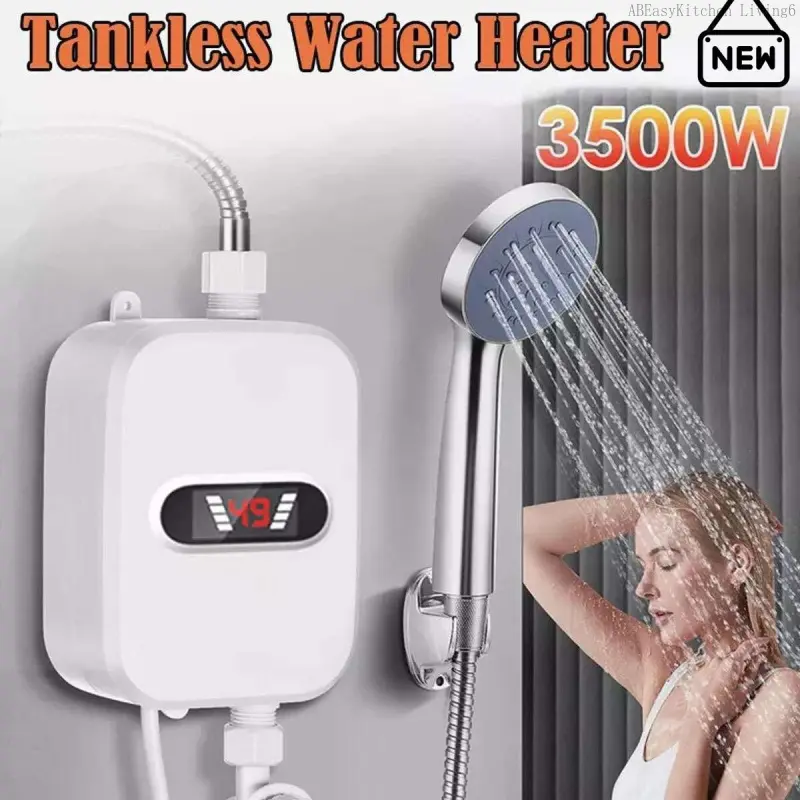 110V 3500W Instant Indoor Electric Tankless Water Heater, Digital Control LED Touch Screen, Adjustable Temperature, Handheld Shower Head and Hose Set - White (Tools & Hardware)