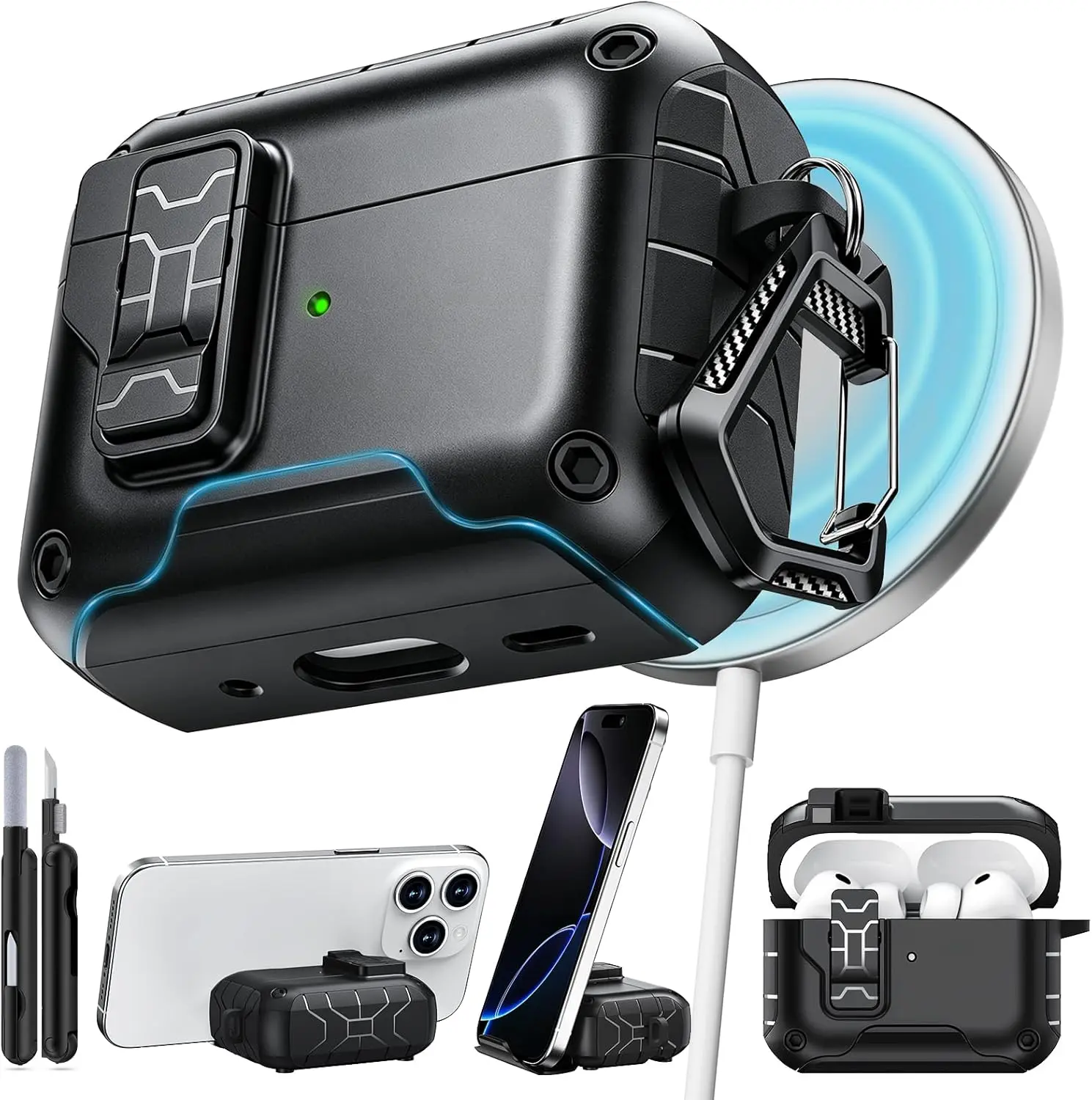 for AirPods Pro 3 Case (2025) with Phone Stand & Cleaning Kit,Compatible with Magsafe,Magnetic Automatic Lock Cover for AirPods Pro 3rd Generation, Black