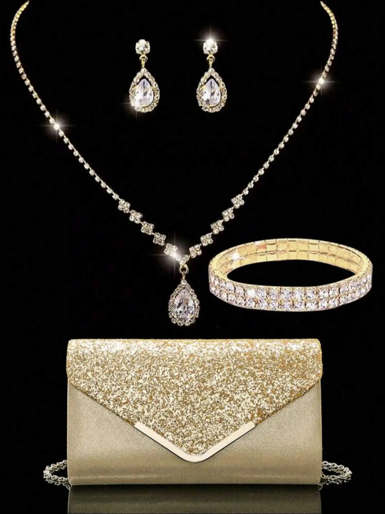 Women's Elegant Rhinestone Decorated Evening Bag with Jewelry Set, Including Shining Envelope Evening Bag & Water Drop Dangle Earring & Pendant Neckla