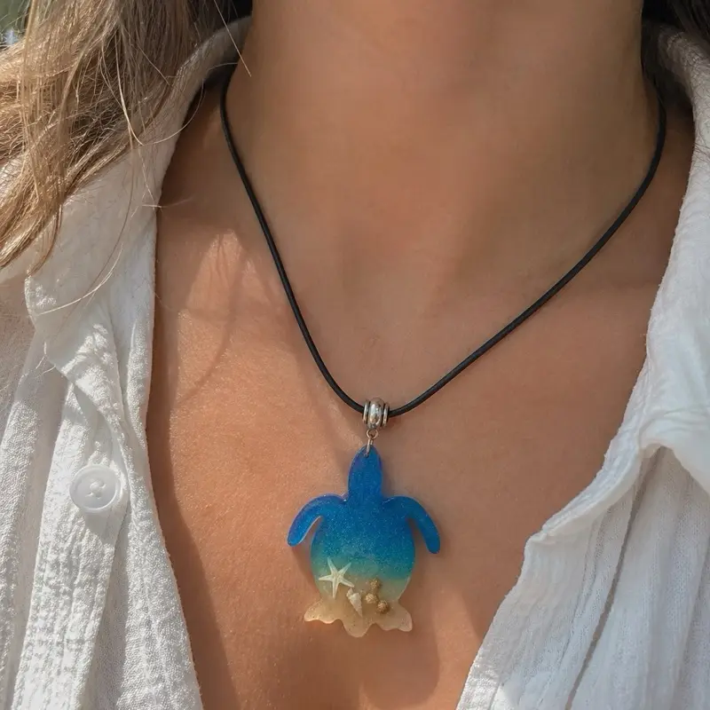 Azure Turtle Resin Necklace with Real Seashell Accents