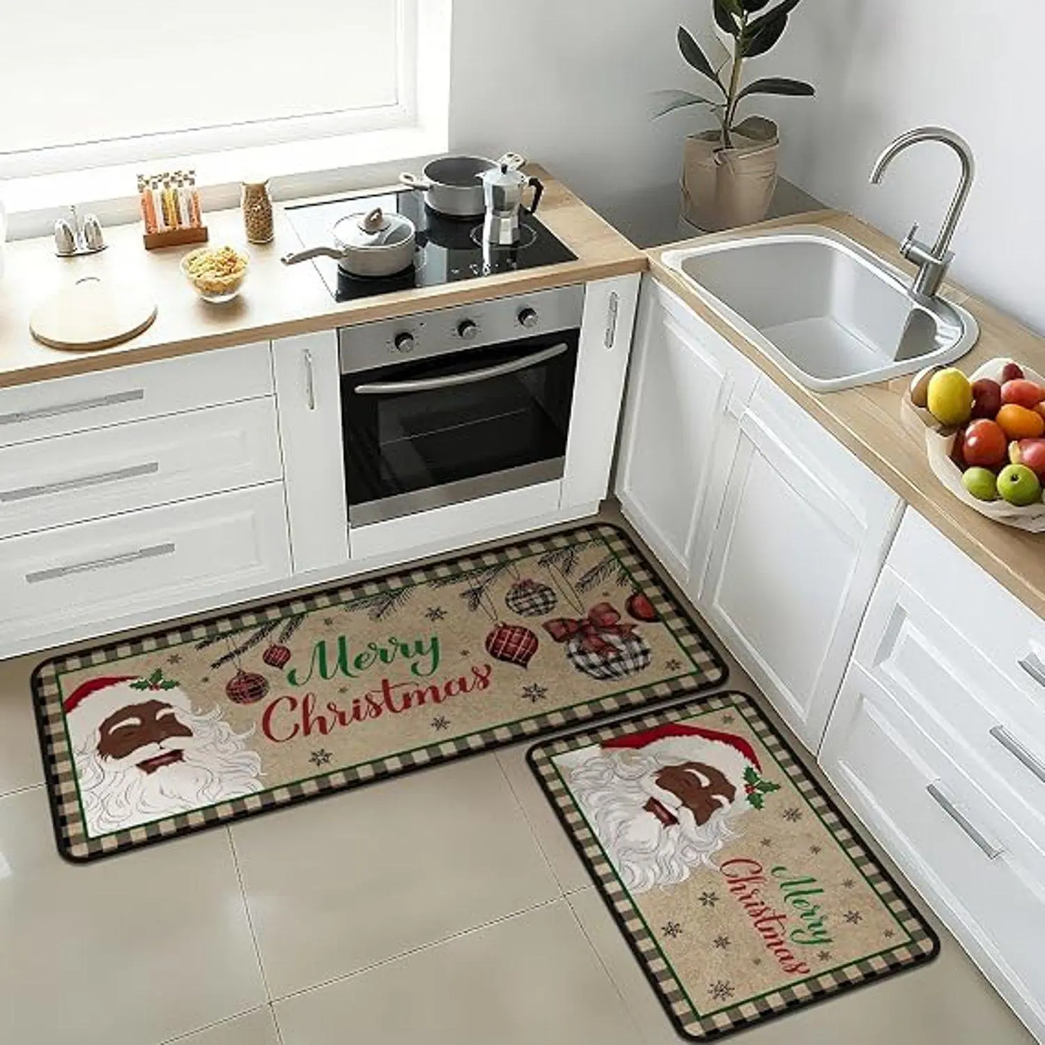 Flannel Kitchen Rug, Santa Claus Pattern with "Merry Christmas" Lettering and Christmas Ornament Print, Non-Slip Water Absorbent Floor Mat for Kitchen Home Decor