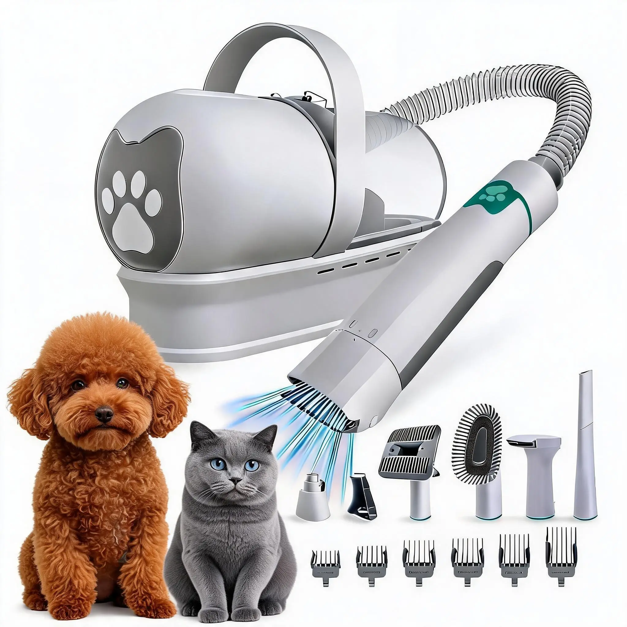 All-in-One Professional Dog and Cat Shedding Care Appliance, Multipurpose Grooming Vacuum Device with Hair Trimmer, Adjustable Speed Clipper and Nail Smoother