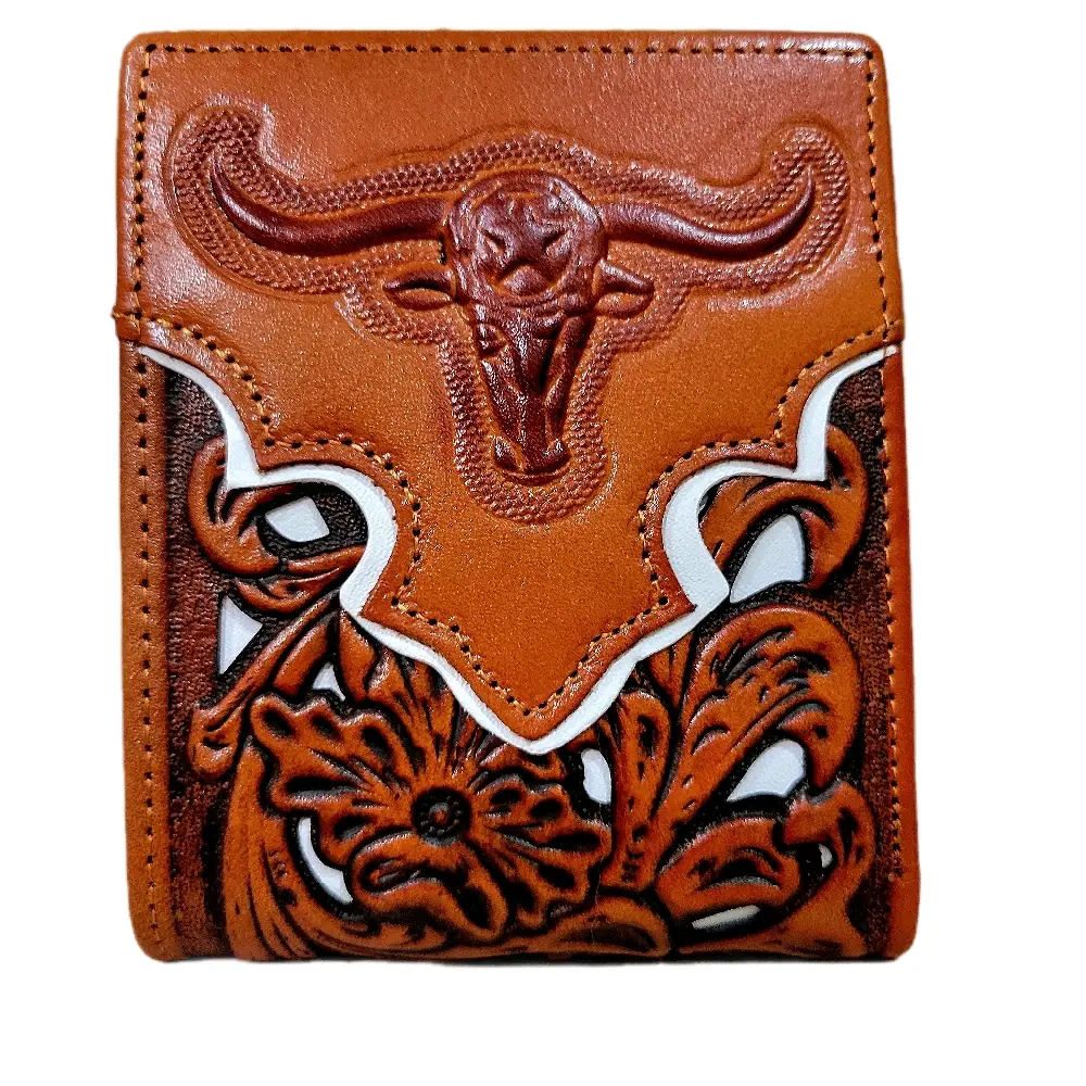 Men's Wallet Longhorn Western style genuine leather short bi-fold lasercut wallet tan and beige