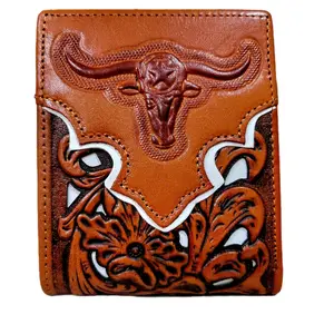 Men's Wallet Longhorn Western style genuine leather short bi-fold lasercut wallet tan and beige