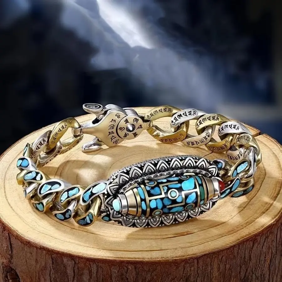 2026 New Lucky Men's Tibetan-Style Turquoise Stone Bracelet-Anklet with 6-Character Mantra, 9-Eyed Dzi Bead, Camping Hiking Outdoor Accessory, Male Adults' Daily Meditation Christmas Gift, Mensfashion Item, 2026 New Men’s, Auspicious, Nine-Eyed Dzi Bead