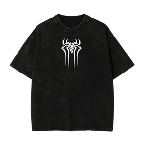 100% pure cotton limited edition Spider-Man Venom Mech superhero comic print oversized lightweight acid-washed T-shirt, TV show pattern washed T-shirt L7D