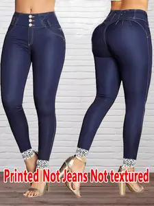 Women's Imitation Denim Skinny Pants, Denim Print Design, Stylish Comfortable Fit for Everyday Wear