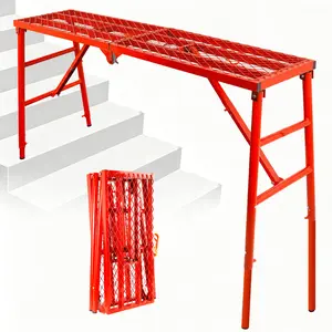 Foldable alloy steel scaffold platform in red, 69"x15"x53", adjustable height & legs, 770lbs capacity. Portable multi-use for stairs, uneven ground, welding, painting, wiring, car washing, home decoration.