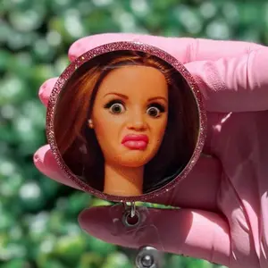Meme Badge Reel | Cringe Face, Pink Glitter | Nurse Teacher Office | Reels & Charms Co.