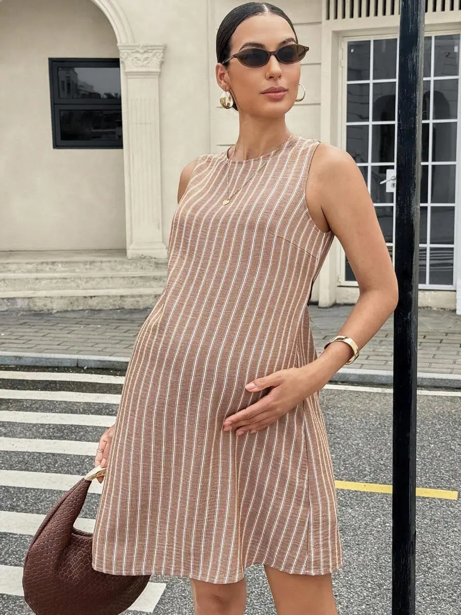 Bumpie x MaterniWear Summer Outfits,Maternity Work Clothes,Maternity Dresses,Business Casual Outfit Women ,Office Wear Vacation Striped Print Backless Sleeveless Dress