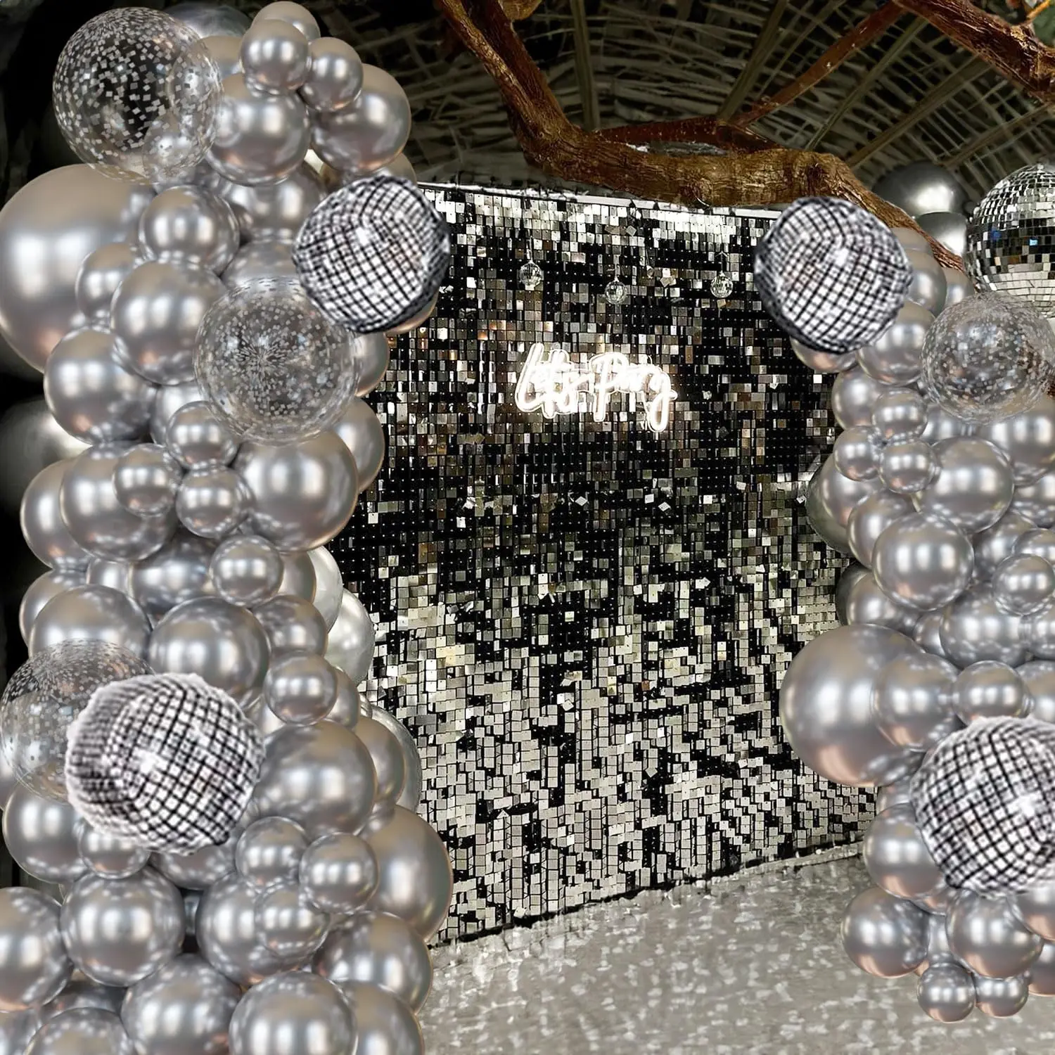 124PCS Silver Metallic Disco Balloon Garland Kit for New Year Birthday Graduation Party Decor