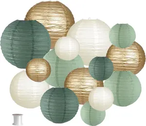 Paper Lanterns Decorative, Round Hanging Paper Lanterns Decorations for Rustic Party Bridal Shower Wedding Sage Green Birthday Party Supplies //Sage Green 15 count