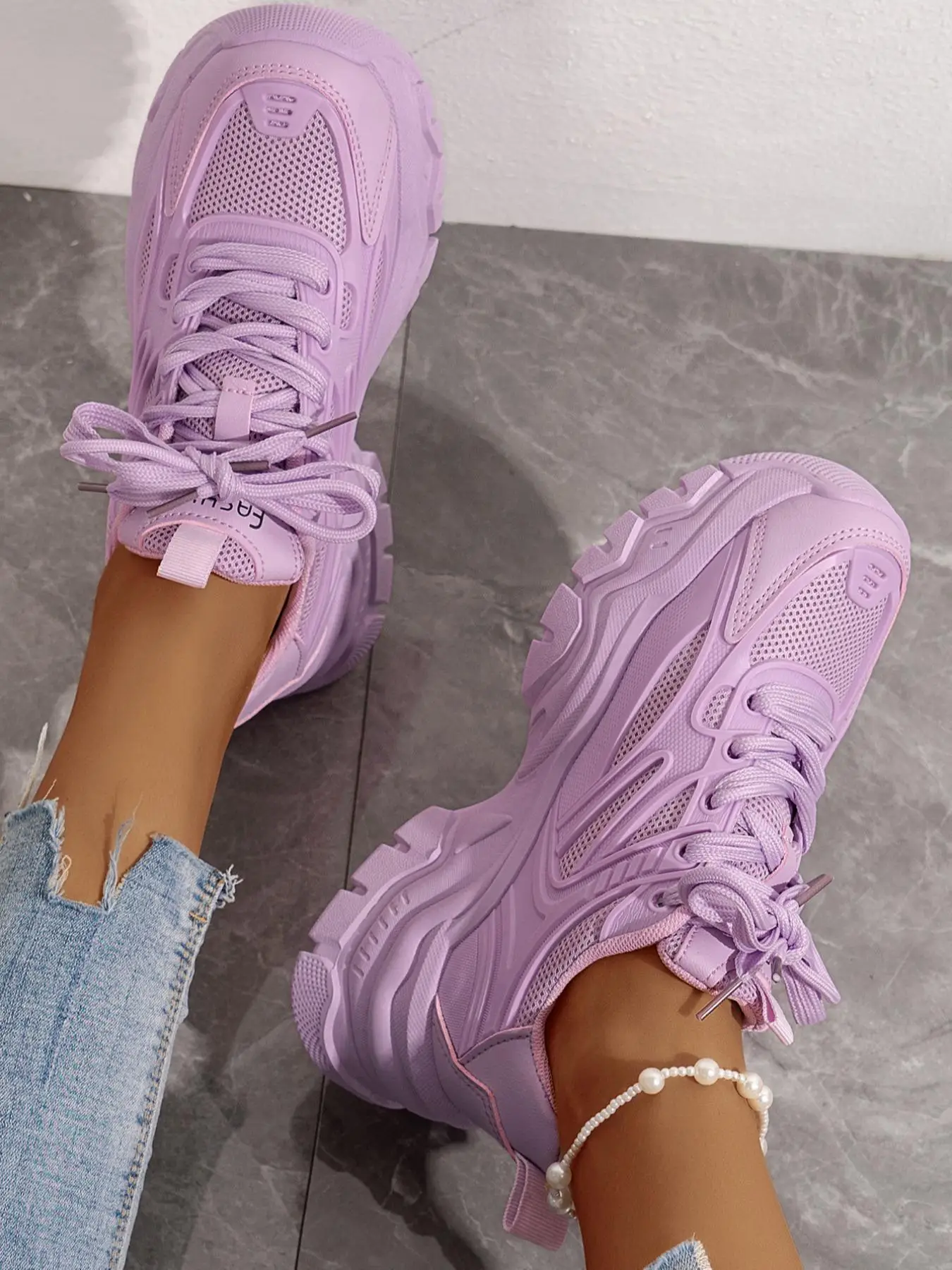 Women's Fashion Lace-up Colorblock Mesh Breathable Sneakers, Outdoor Sports Running Comfortable Platform Casual Shoes, Please Purchase A Size Up