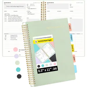 Meeting Notebook for Work with Sticky Tabs - 160 Pages, A4 Size Project Planner, Spiral Meeting Agenda/Minutes Notebook Organizer for Women Men, Note Taking, Office&Business,8.5"x11", Sage Green