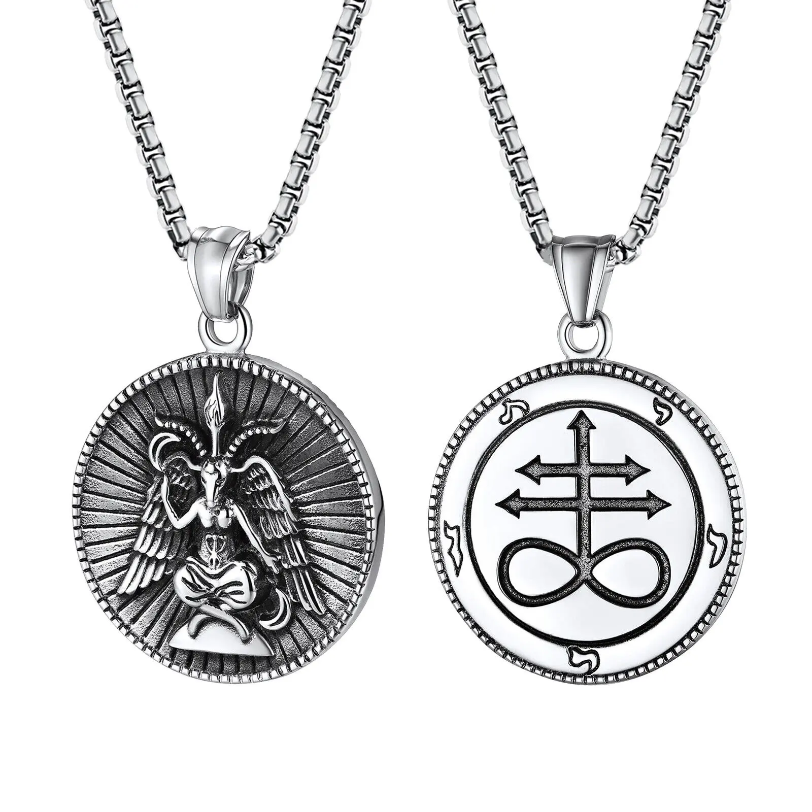 Real chains men Stainless Steel Baphomet Satanic Goat Lucifer Both Sided Pendant Necklace