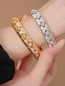Elegant Women's Bracelet, 18k Gold Plated Flower Zirconia Jewelry, Adjustable Open Cuff Design, Perfect Gift for Her