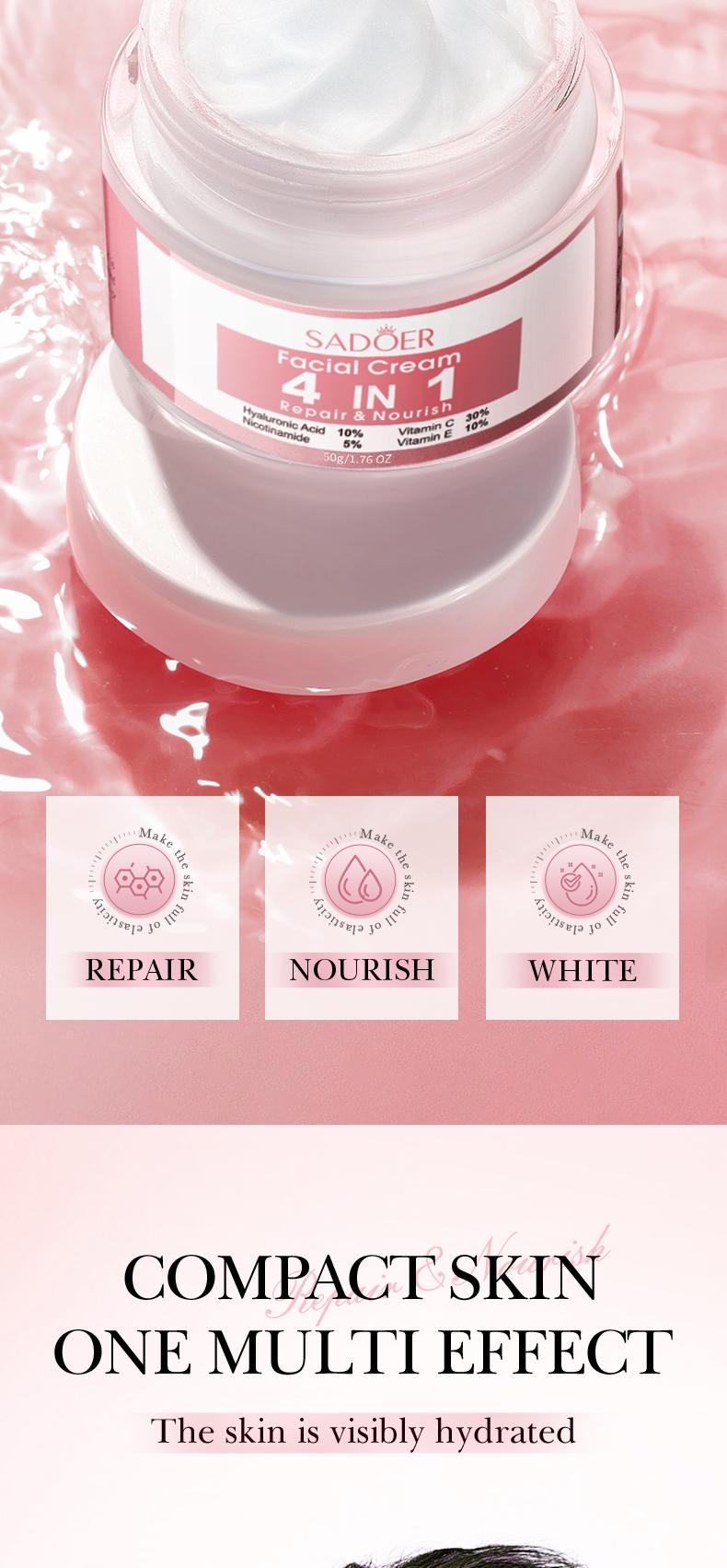 4-in-1 multifunctional face cream with a highlymoisturizing formula and a delicate texture,containing multiple skincare ingredients thatprovide hydration, firming, repair, andnourishment. Suitable for daily skincare use.
