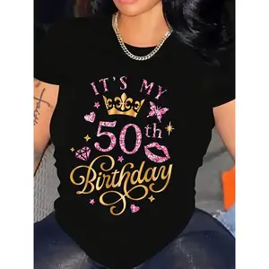Women's 50th Birthday Celebration T-Shirt - Black with Colorful Crown & "IT's MY Birthday" Print, Crew Neck, Short Sleeve, 100% Polyester Knit Fabric - Ideal for Spring/Summer/Fall Clothes Top