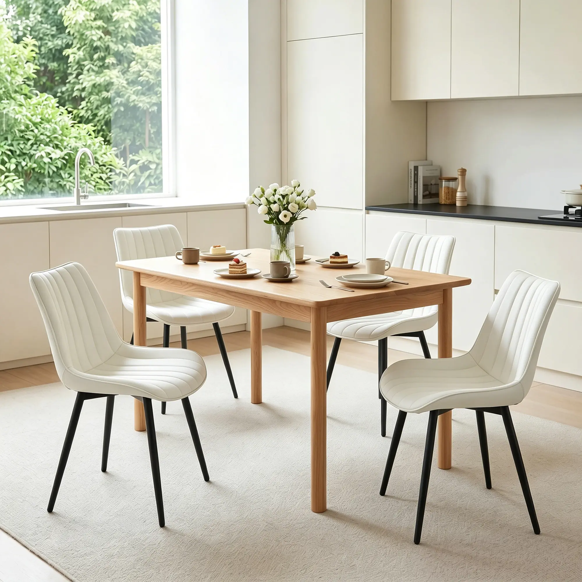 Modern Dining Chairs Set of 4, Cream White PU Leather Upholstered Kitchen Chairs with Pleated Channel Back & Matte Black Metal Legs, Mid Century Accent Chairs for Dining Room, Waterproof Side Chairs
