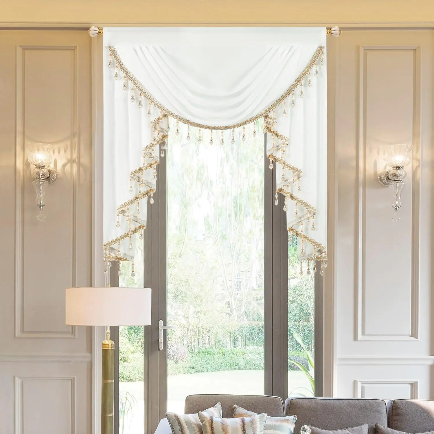 39-in Wide White Sheer Beaded Polyester Solid Waterfall Shape Valance - Breathable European-Style Light-Filtering Silky Swag Curtain, Machine Washable Single Panel for Book Room, Hotel Events