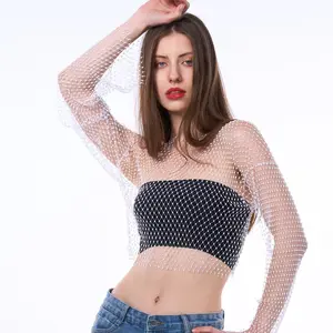 White Fishnet Rhinestone Top Shiny Long Sleeve Fashion Clothing Glitter Comfort Black going outfits coachella outfit cosa nuestra tour outfits