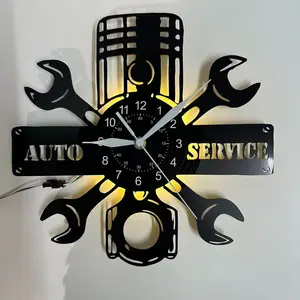 Car Repair Tools Vinyl Record Wall Clock, 7 Colors LED Night Light Garage Wall Decor, Led Wall Clocks, Automotive Mechanic Art Clock, Birthday Gifts for Men, Dad, Friends (12 Inch, with Remote Control)
