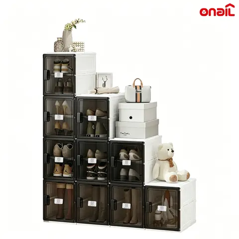 ONAIL Collapsible Shoe Storage Box - PP+HIPS Plastic 4-Layer Fold-Flat Capsule Cube, Magnetic Snap-Shut Door, Sturdy Adjustable Easy Assembly, Closet Organizer for Sneakers, Bathroom Wardrobe Use