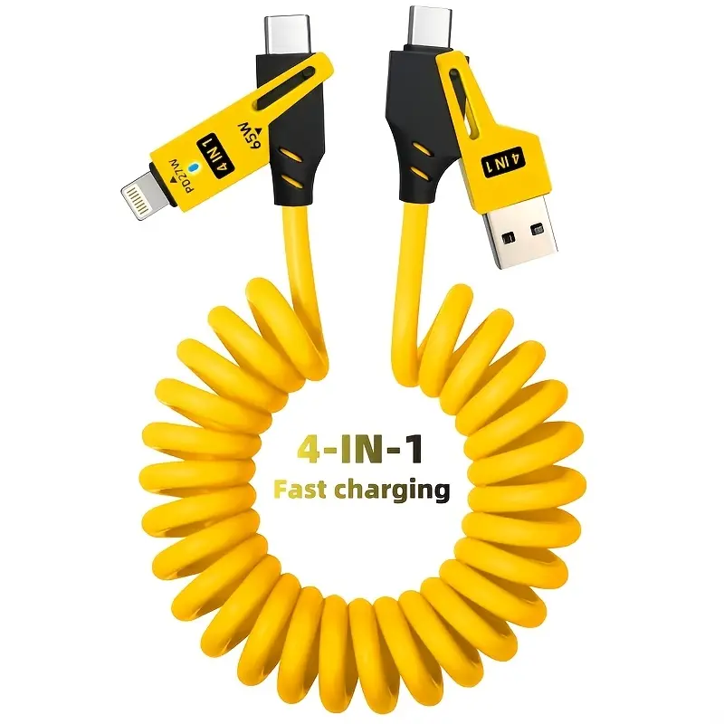 YWZ 65W 5A universal 4-in-1 high-speed charging data cable, spring telescopic cable for SamSung, S24 S23 S21, One Plus, Mi 13, Huawei, OPPO, for the for iPhone series of products charging, A great choice for in - car charging