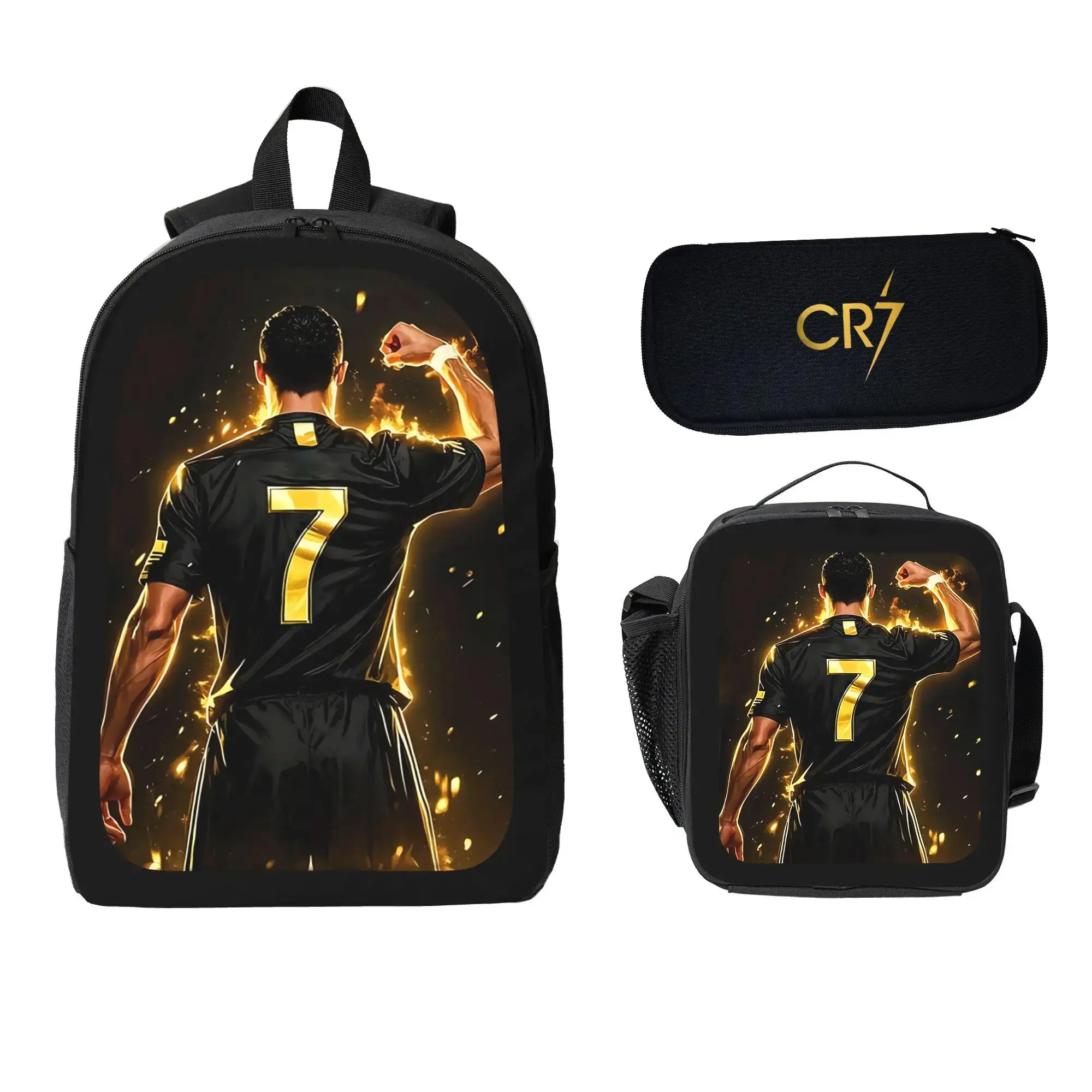 Preppy Unisex CR7 3-PCS Compact Student Set - Zipper Backpack, Lunch Bag, Pencil Case with Enhanced Functionality for School/Travel Use