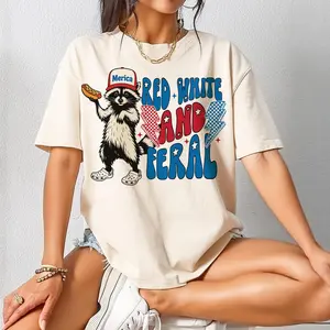 Red White And Feral Shirt, Funny USA TShirt, Funny Raccoon Shirt, 4th Of July Tee, Hotdog Raccoon, Independence Day, America Vibes, For Men, For Women