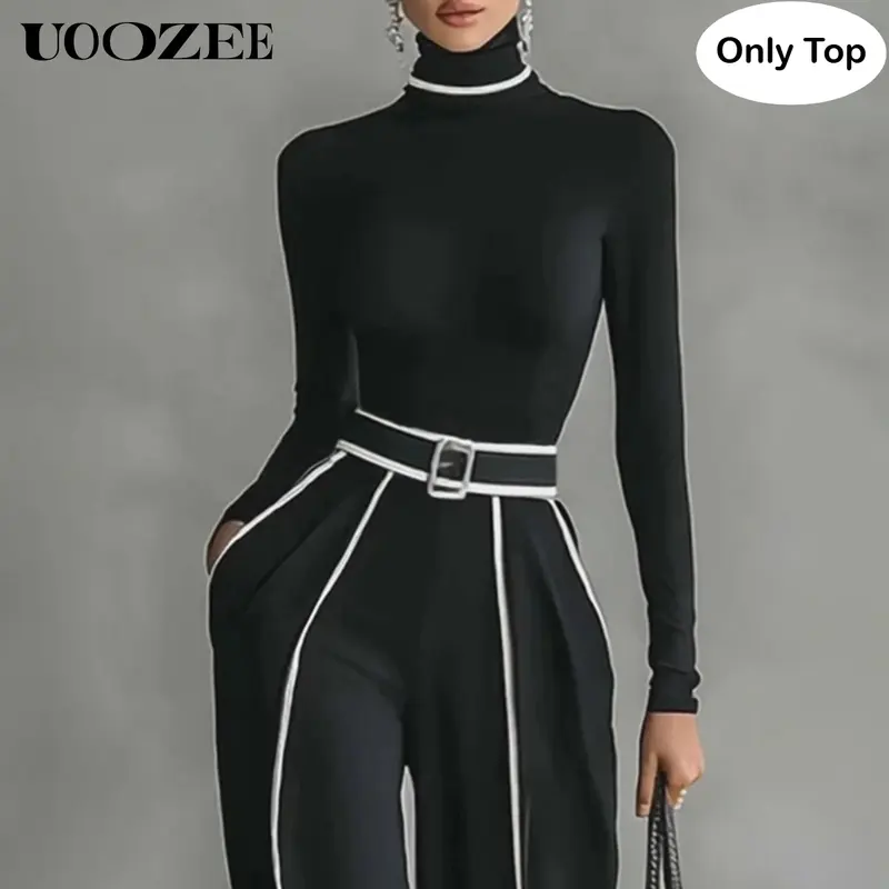UOOZEE Women's Minimalist Cropped Turtleneck Knitwear Top - Long Sleeve Slim-Fit Spandex-Rayon Fabric, Lightweight Basic Pullover with Contrast Trim, Cocktails/Office Blouse for Denim Jeans/Blazer Pairing (Earrings Pairing Option)