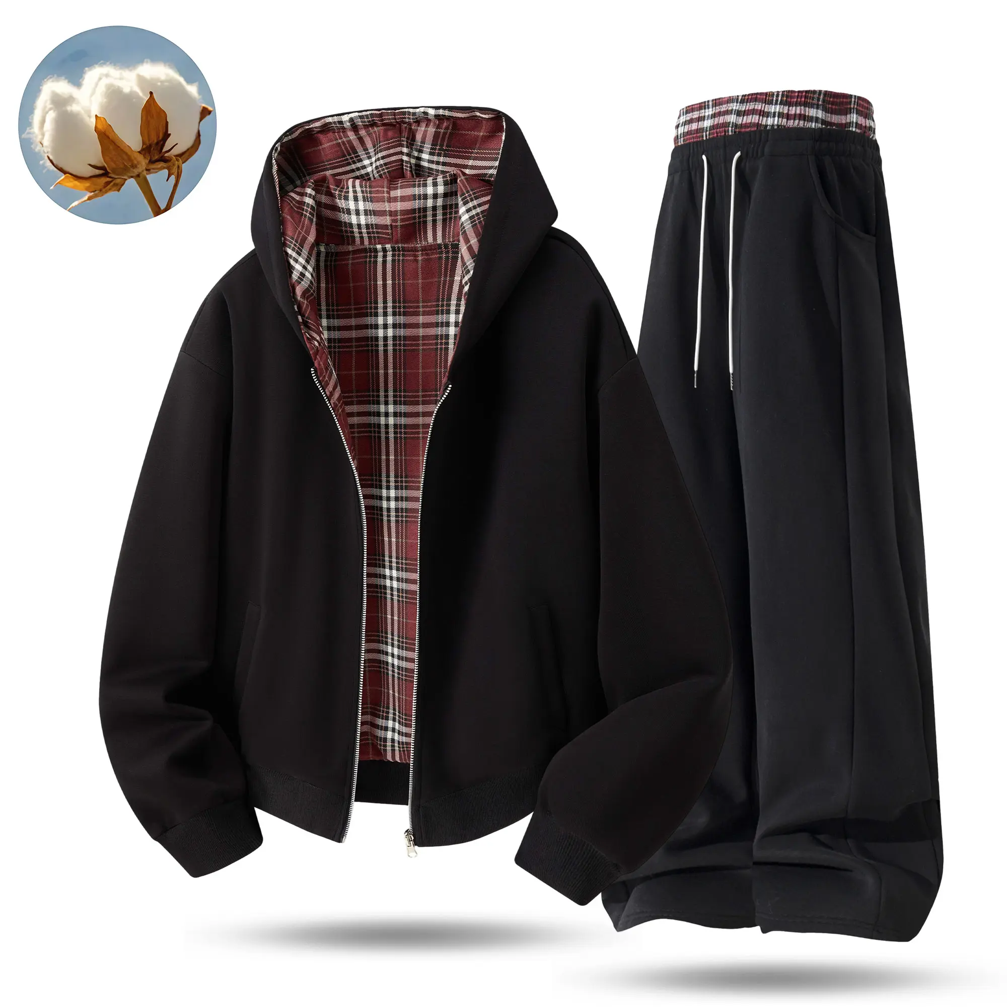 Men’s autumn/winter cotton reversible hoodie sweatshirt and sweatpants set with plaid lining, hooded cardigan jacket, drawstring wide-leg pants, casual two-piece outfit