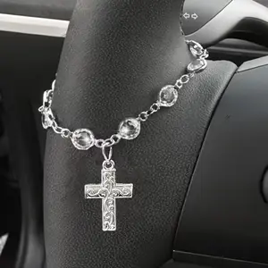 Sparkling Rhinestone Cross Steering Wheel Chain, Exquisite Compact Design, Women's Car Interior Decoration, Single Piece Set