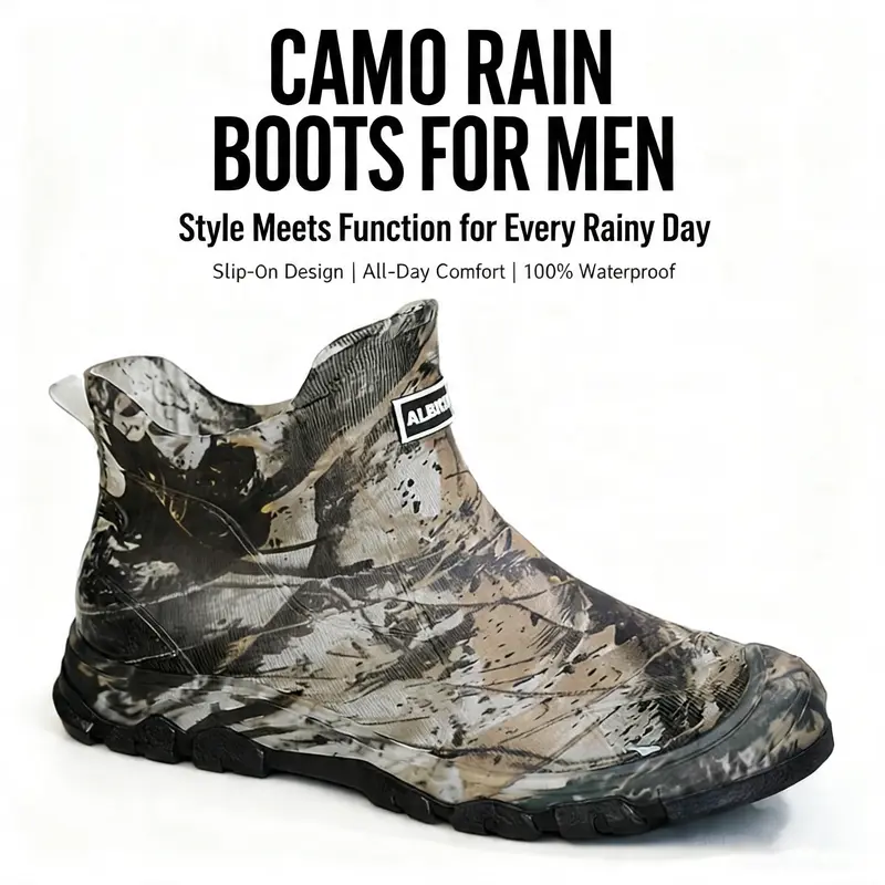 Men's Camouflage Orthotic Waterproof Short Ankle Rain Boots - Durable, Slip-Resistant, Reinforced Rubber Sole, Pull Tab, Closed Design, Garden-Proof for Outdoor Work & Gardening