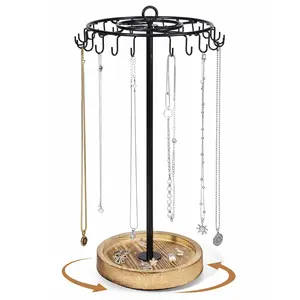 Vintage Black Rotating Necklace Holder Necklace Organizer Tree Stand with 24 Hooks Jewelry Display Stand Wooden Metal Tall Spinning for Vendors Retail Craft Show Gift for Women&your dau