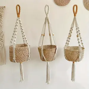 3-piece Macrame Plant Hanger Bohemian-style hanging basket, hanging net, simple hand-woven tassels, green plant flowerpot storage, hanging rope net bag, wall decoration - not including green plant flowerpot