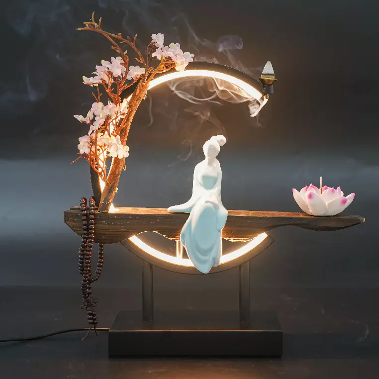 CNCEST Blue Classical Ceramic Backflow Incense Burner with LED Light, Lotus Fake Flowers, Woman Buddha Statue, Buddha Bead Bracelet & Tweezers – Home Decor Household Item for Living Room Aroma Spaces, Household Items