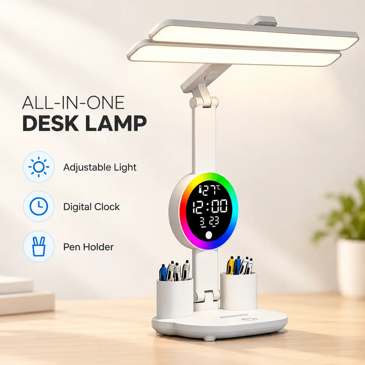 LED Desk Lamp with Clock, 3 Color Modes & 10%-100% Dimmable Brightness, Flicker-Free Dual Head Study Lamp with Digital Time Date Temperature Display, 2 Pen Holders, Foldable Arm, 3200mAh Rechargeable Battery for Reading & Home Office