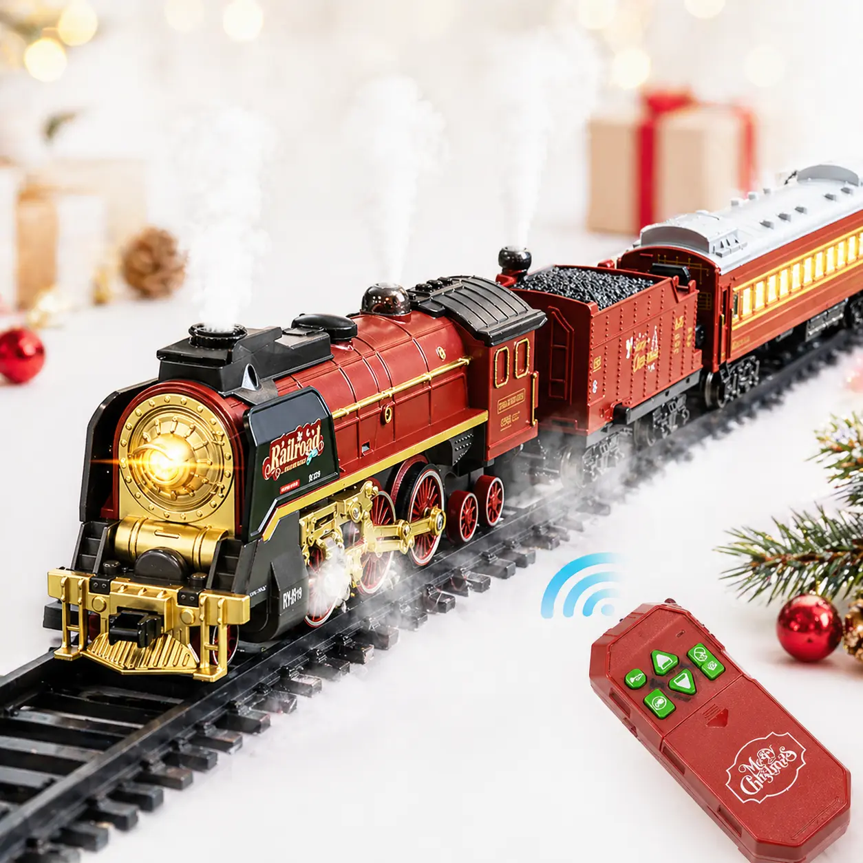 9064B-1 Rechargeable Christmas Train Set for Kids, Smoke Mist Toy Train with Sound, Lights and Remote Control Christmas Hanging Steam Train Set