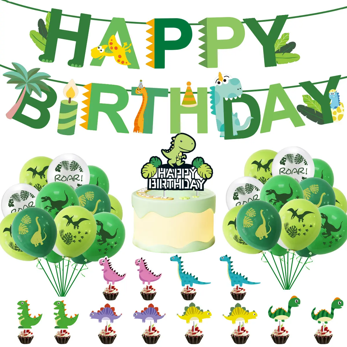 Cartoon Dinosaur Themed Birthday Party Supplies Set - Pull Flag, Balloon, Cake Topper for Decorating Home Celebrations