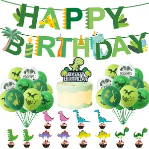 Cartoon Dinosaur Themed Set Happy Birthday Pull Flag Balloon Cake Topper Birthday Party Supplies Home Decor